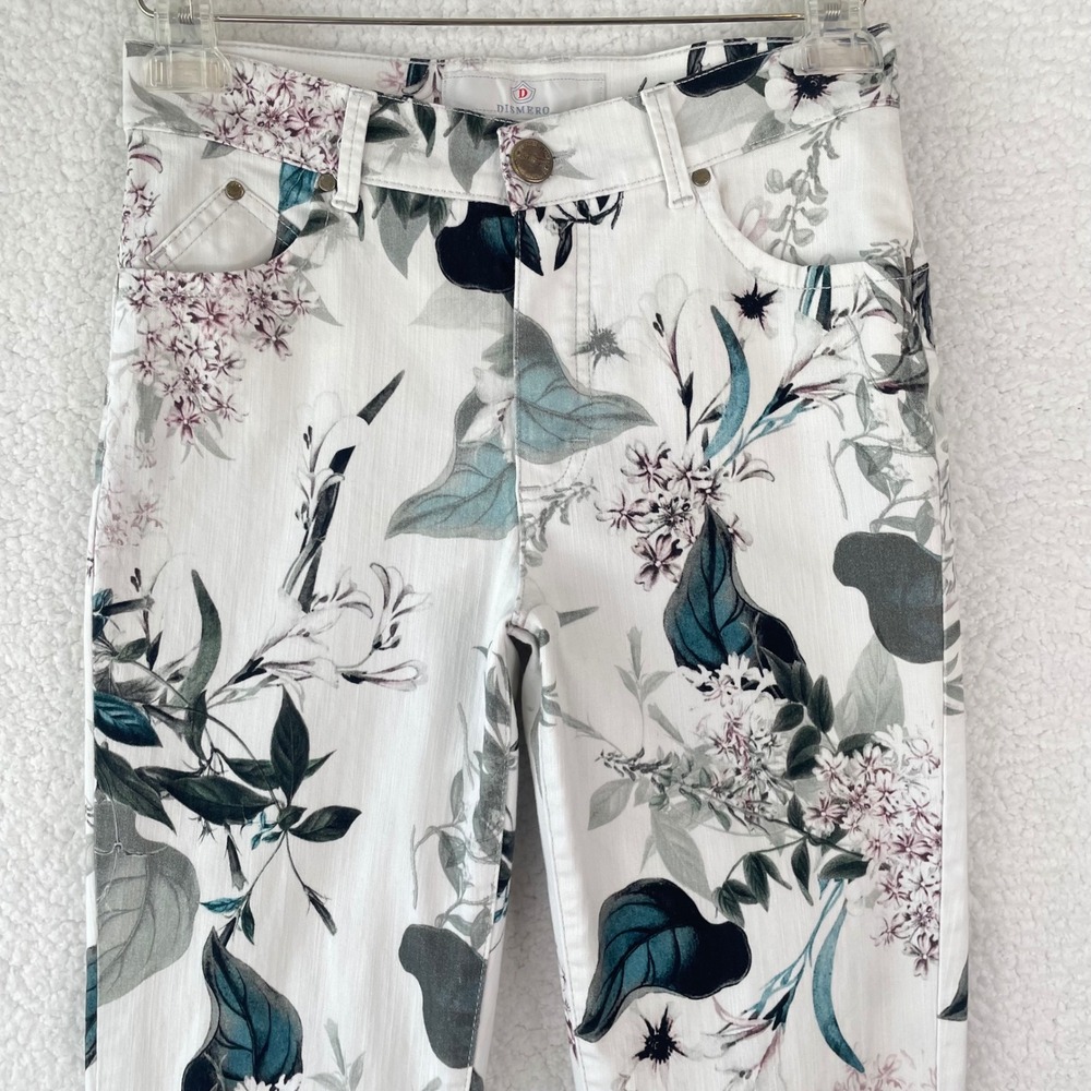 Dismero Womens Floral Print Skinny Jeans White Green Lilac Made in Italy Size 27